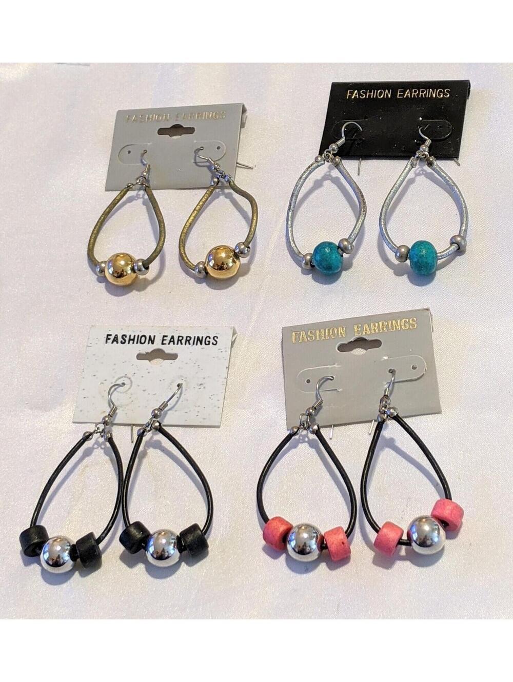 Vintage 80s Retro Painted Leather Beaded Dangle Earrings Four Color Choices NOS